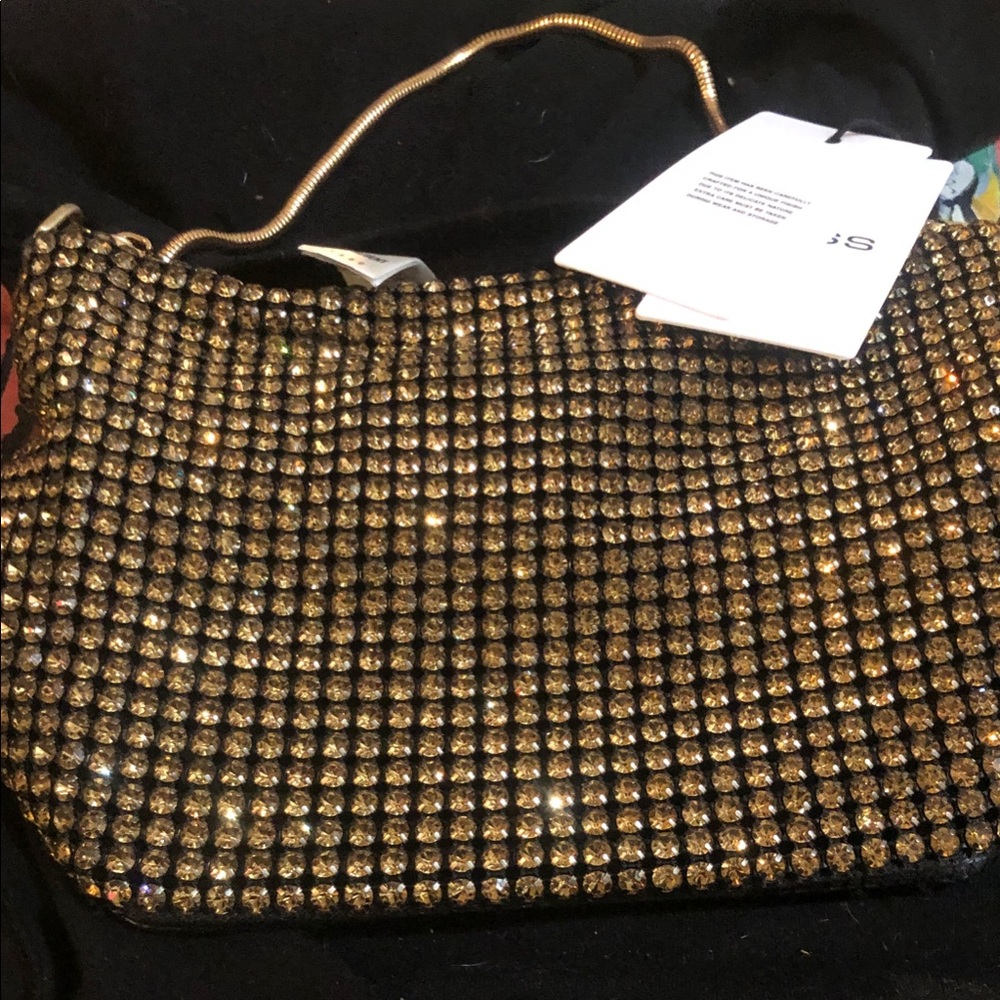Reiss Gold Crystal Mesh Clutch with Chain Handle